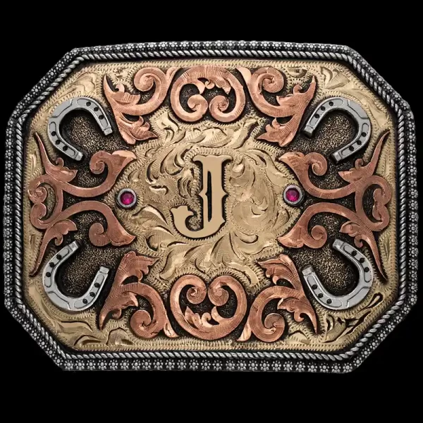 Our Fort Stockton Belt Buckle sure is a beautiful piece, handcrafted on a Jeweler's Bronze base featuring a three metal design. The edge has a double rope and berry pattern in German Silver, complemented by Copper overlay scrolls and four German Silver fi